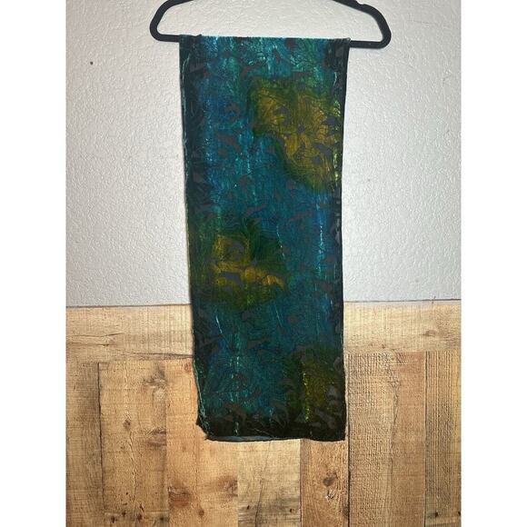 Crushed Velvet Silk Viscose Blend Scarf Turquoise Water Color Bohemian Floral - Picture 2 of 6